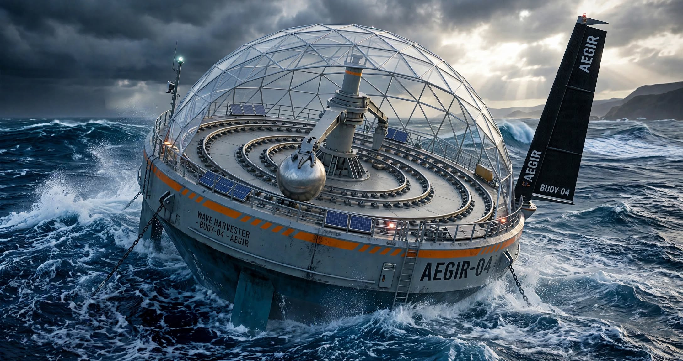WaveForge AEGIR-04 concept in a storm sea &mdash; a heavy sphere on an articulated arm with an elbow joint, able to transfer between three concentric banked tracks beneath a geodesic dome