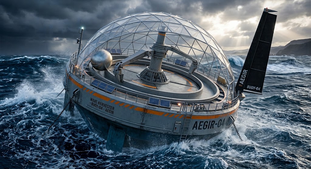 WaveForge buoy concept: conical hull with a protective dome over a central mast, a horizontal sweep arm carrying a heavy sphere around a circular track, solar panels and an orientation fin, in rough sea
