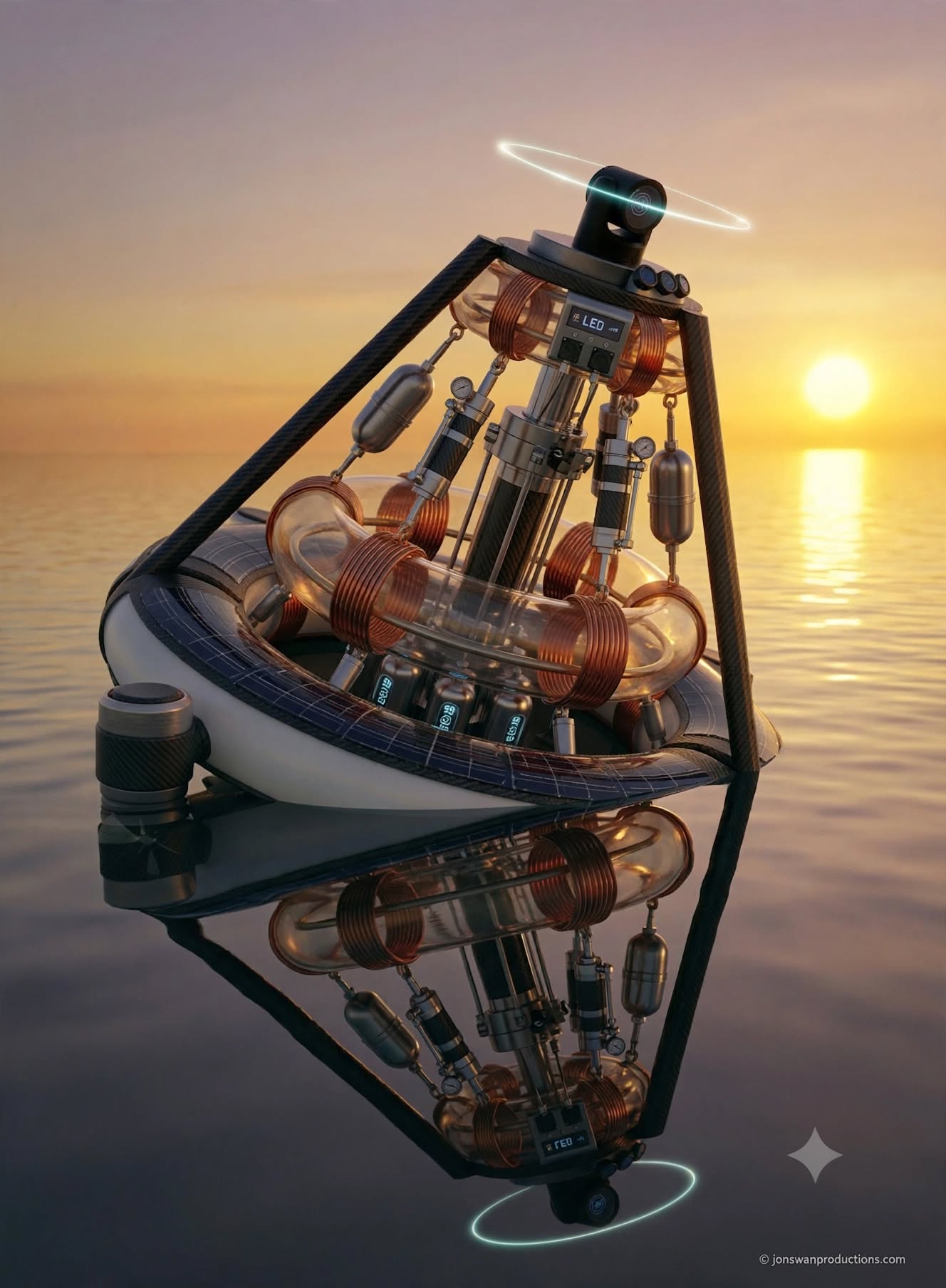 WaveForge harvester with the outer cover removed, showing the toroidal chamber wrapped in copper coil bands, the central column of fluid cylinders and accumulators, the solar collector ring and the sensor mast