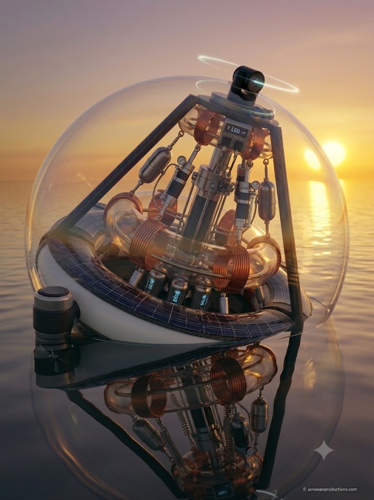 WaveForge wave energy harvester at sunset on a calm sea — a sealed transparent dome over a toroidal induction chamber wrapped in copper coils, carbon fiber frame, solar collector ring and sensor mast