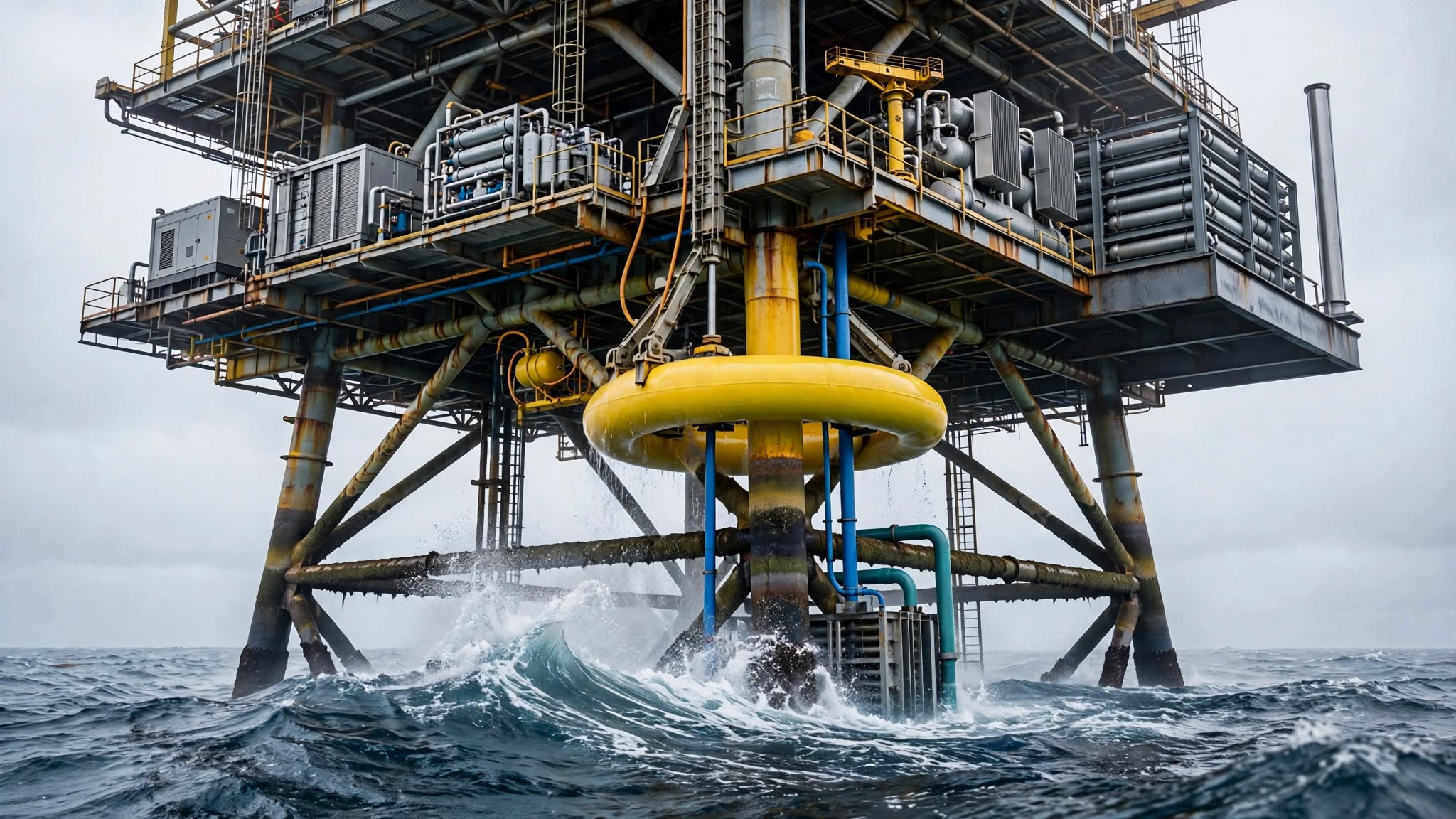 Repurposed offshore platform converted to wave-powered green hydrogen production, with an annular float riding a vertical guide on one leg