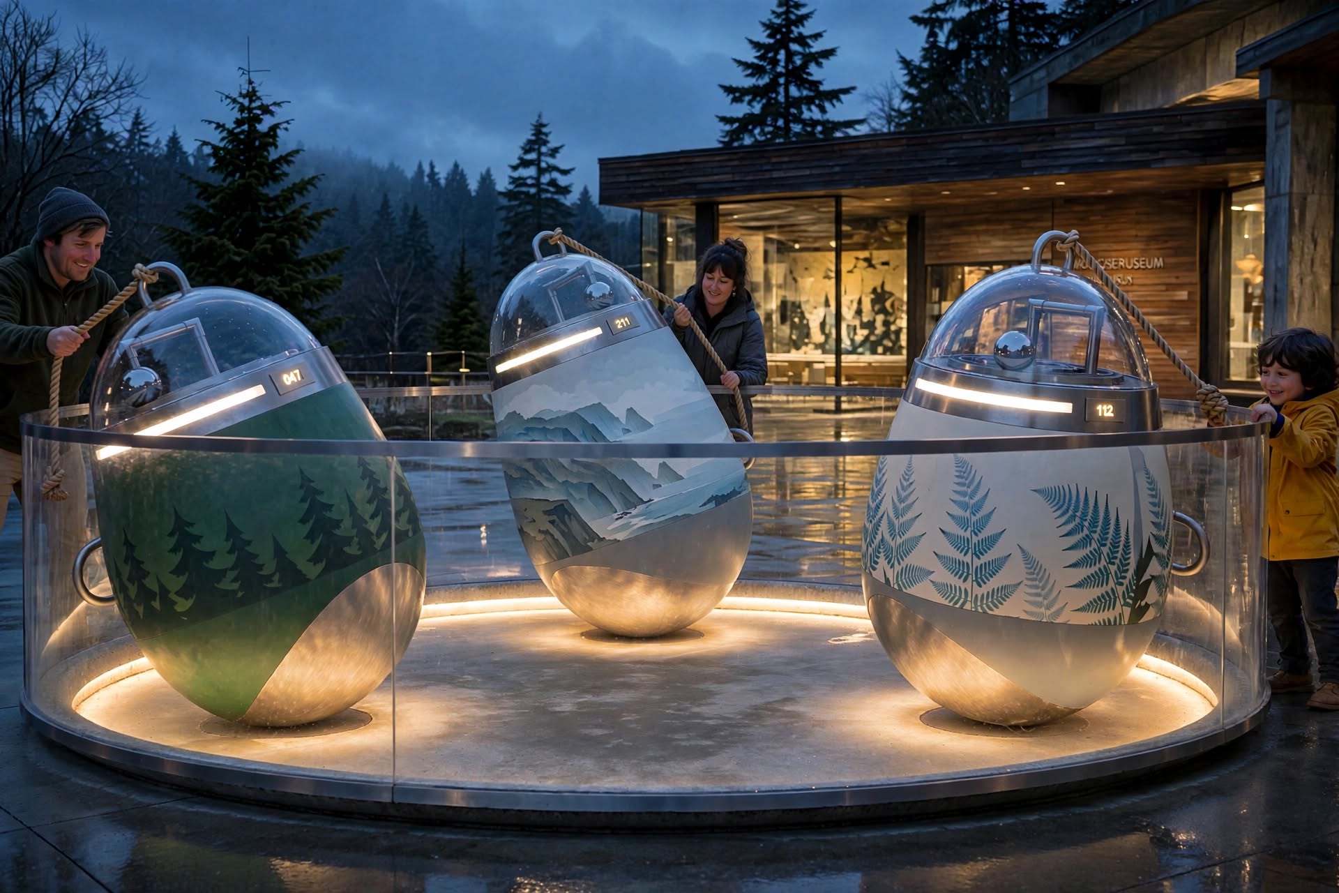 Three WaveForge land-version harvester sculptures at a science museum plaza at dusk, painted in Pacific Northwest themes, each with a clear dome over concentric tracks, inside a shared circular glass enclosure worked by rope pulls